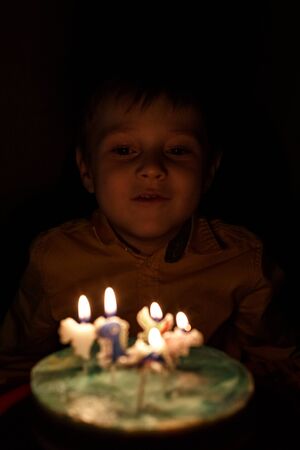 Adorable five year old kid celebrating his birthday and blowing candles on homemade baked cake,...