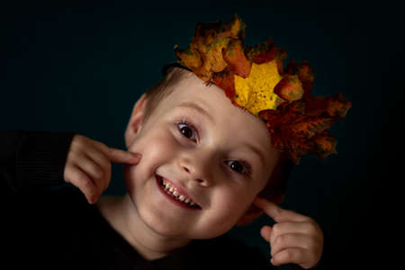 Portrait of a smiling 4-6 child with a crown of leaves on his headの写真素材