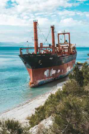 Gelendzhik, Kabardinka, Russia, 29 September 2021: Cargo ship Rio ran aground on coast after a storm in the black sea.のeditorial素材