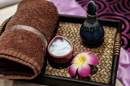 Composition for spa relaxation. Towel, massage oil and creamの写真素材