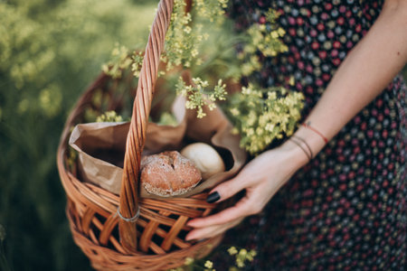 Picnic basket with bread against the backdrop of a rapeseed field.