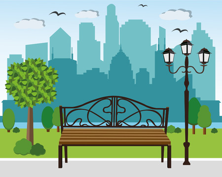 Blooming summer city park, bench and streetlight, trees and plants on city background. Cityscape vector illustration.のイラスト素材
