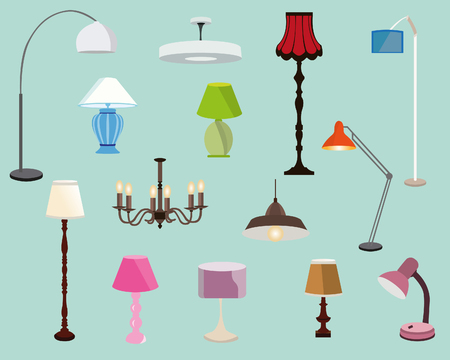 Colorful lamps set. Floor lamps, table lamps and chandeliers.Flat style vector illustrationのイラスト素材