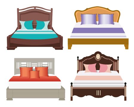 Colorful modern graphic set of beds with pillows. Bedroom furniture. Flat style vector illustrationのイラスト素材
