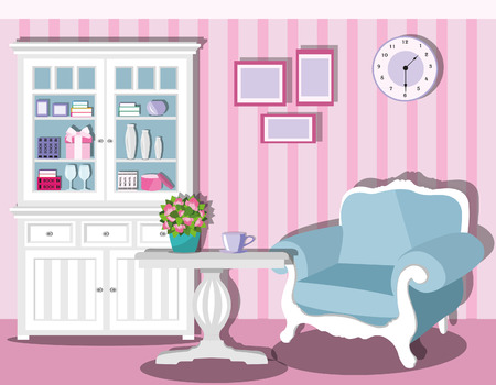 Cute stylish living room decor. Light colored room interior with table, armchair and cupboard. Flat style vector illustrationのイラスト素材