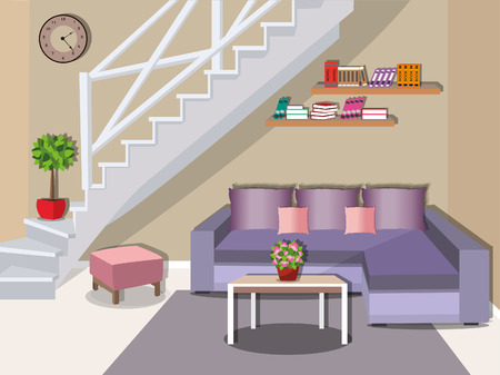 Modern living room with stairs. Bright colorful furniture - sofa, table, armchair and bookshelves. Flat style vector illustrationのイラスト素材