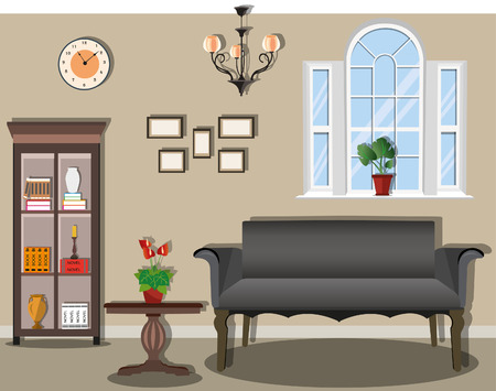 Stylish vintage room with comfortable and functional furniture.のイラスト素材
