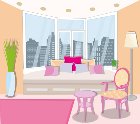 Modern graphic room with panoramic windows. Stylish interior design. Bright furnitureのイラスト素材