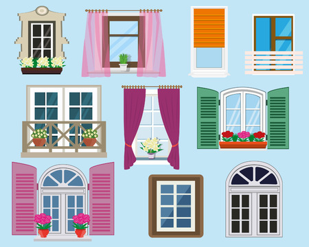Set of detailed colorful different types house windows with windowsills, curtains, flowers, balconies. Flat style vector illustration.のイラスト素材