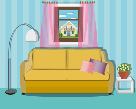 Stylish comfortable living room interior design with furniture - sofa, flowerpot, lamp and window. Flat style vector illustration.のイラスト素材