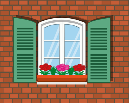 Window with shutters and flowerpot in flat design style isolated on a brick orange wall background. Vector illustration.のイラスト素材