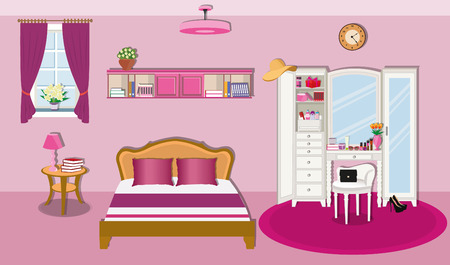 Modern bedroom interior design with furniture and window. Wardrobe with mirror, bed with pillows, bedside table with lamp and bookshelves.Flat style vector illustration.のイラスト素材