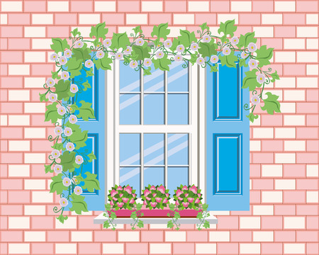 Window with shutters, flowers and flowerpot in flat design style isolated on a brick pink wall background.のイラスト素材