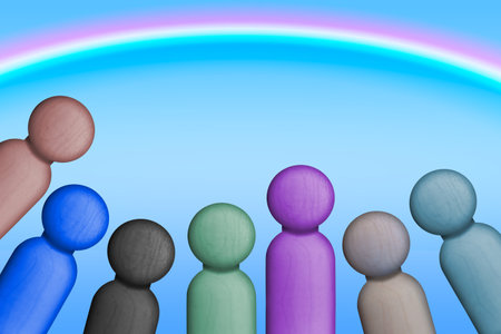 Diversity, inclusion, and LGBTQ concept are displayed with multi-colored characters standing underneath a rainbow.の写真素材