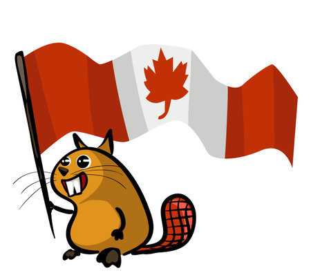 Canada Day Illustration Clipart, beaver holding Canadian national flag vector isolated on white backgroundのイラスト素材