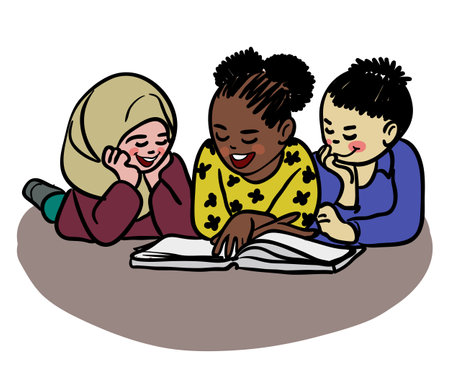 Diversity kids reading book illustration vector isolated on white abckgroundのイラスト素材