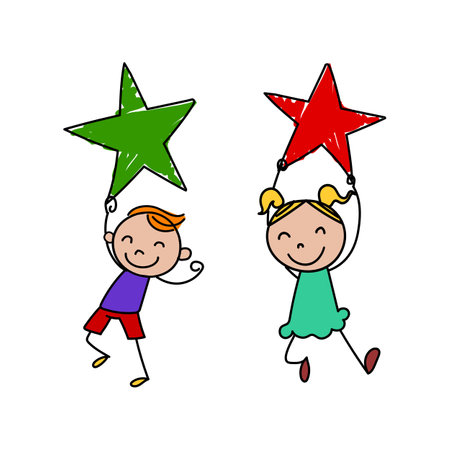 Stick Figure kids with Star awards holding in hands.のイラスト素材