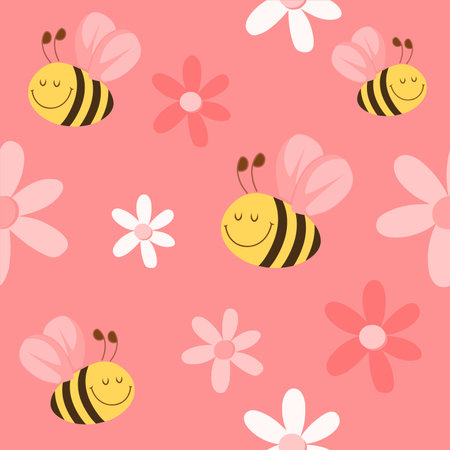 Seamless floral pattern with bee and small flowers on light pink background. Perfect for wallpaperのイラスト素材