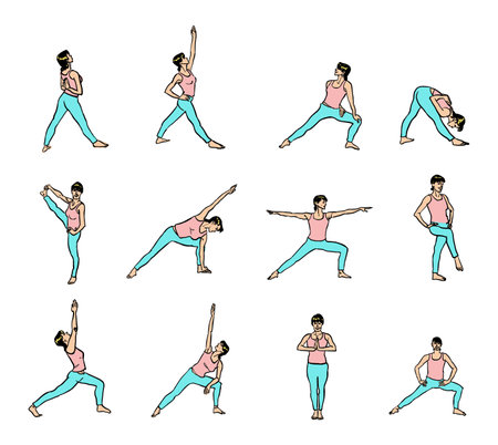 Yoga colorful poses set. Line illustration. Woman postures stock illustrationのイラスト素材