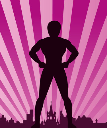 Vector Superhero Silhouette with Sunburst Effect Background stock illustrationのイラスト素材