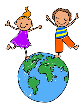 Children of the world stock illustration ,stick figure boy and girl dancing on top of the globeのイラスト素材