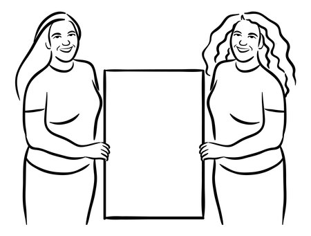 Two young women Holding Blank Sign stock illustration vector line artのイラスト素材
