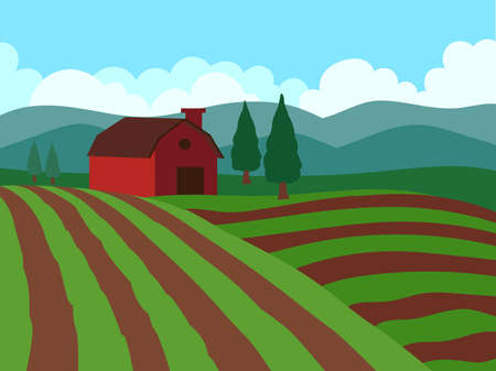 Farmhouse Green Fields with mountains Vector illustrationのイラスト素材