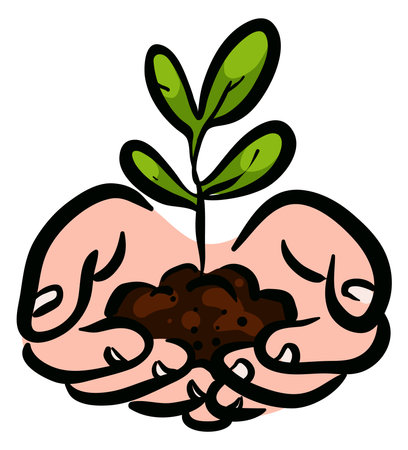 Hand holding young plant. Eco concept - plant with ground in hands. Save planet nature environmentのイラスト素材