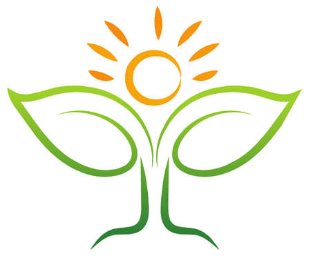 sun leaf ecology symbol and botany health icon, power and energyのイラスト素材