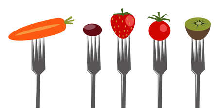 Vegetables and fruits on forks. Healthy food vector stock illustrationのイラスト素材
