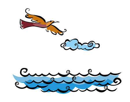 Flying Bird and Sea doodle illustration vecotr isolatedのイラスト素材