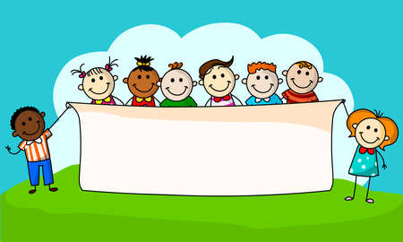Happy kids holding banner in summer field vector illustrationのイラスト素材