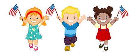 Kids with american flags Patriotic kids vector illustration isolated on white backgroundのイラスト素材