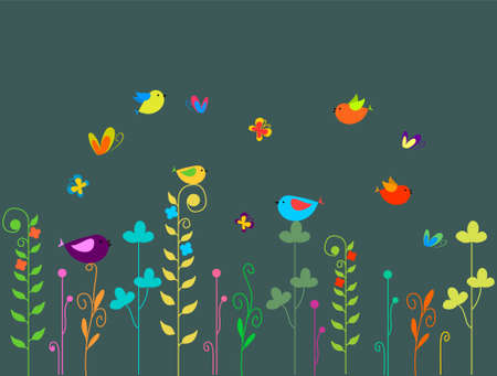 Summer field birds flowers and butterflies doodle art vector backgroundのイラスト素材