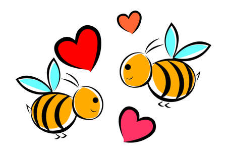 Bees and hearts vector love illustration isolated on white backgroundのイラスト素材