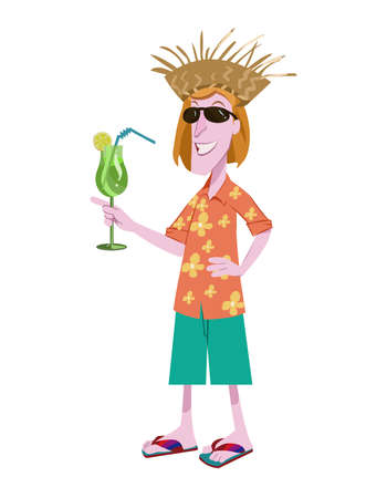 Hawaiian Tourist with cocktail cartoon illustration vector isolated on white backgroundのイラスト素材