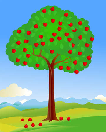 Apple tree illustration in bright sky background summer field,Beautiful vector backgroundのイラスト素材