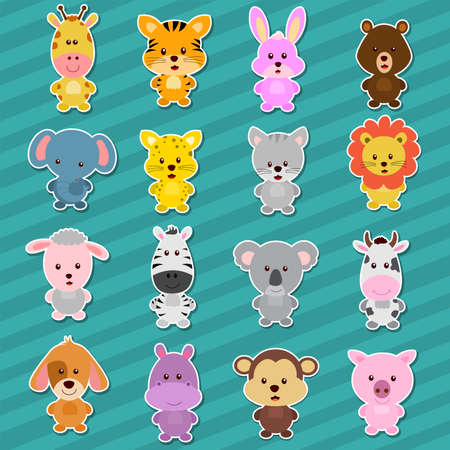Animals sticker with cartoon farm and wild animals vector illustrationのイラスト素材
