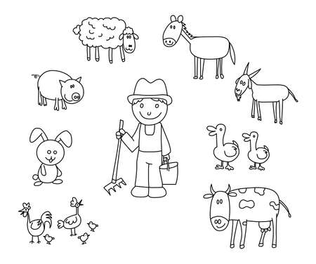 Farmer with farm animals black line drawing cartoon illustrationのイラスト素材