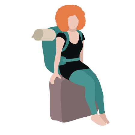 Cartoon character illustration of young business woman sitting on a suitcase. Flat avatar icon design isolated on white background.のイラスト素材