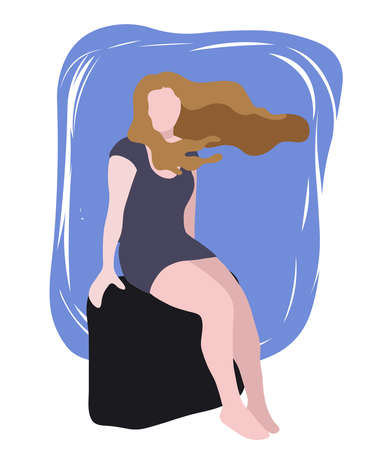 Woman sitting on top of a suitcase flat vector illustrationのイラスト素材