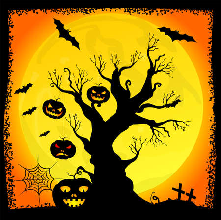 Halloween scary night background vector, pumpkin treeのイラスト素材