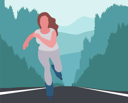 Skating very fast young woman on road flat style illustrationのイラスト素材
