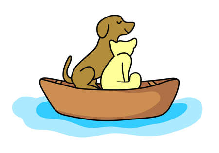 Cat and dog in boat Happy pets illustration vector epsのイラスト素材