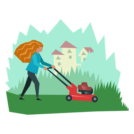 Girl working with lawn mower Illustrationのイラスト素材
