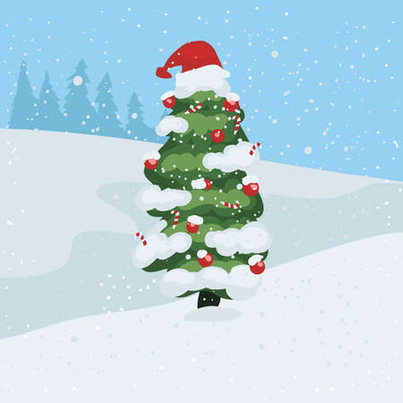 Snow falling on Christmas tree illustrationのイラスト素材