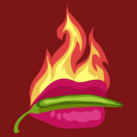 lips with red hot chili pepper and fire , Vector illustration isolatedのイラスト素材