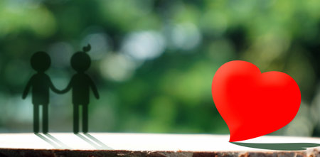 Red heart banner with couple valentines day backgroundの写真素材