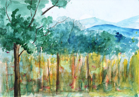 Abstract forest trees and hills paintingの写真素材