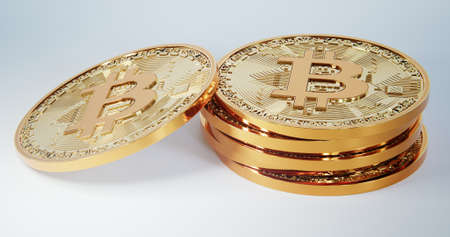 Gold bitcoin stack on white background. Cryptocurency